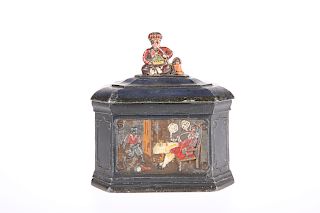 A MID-VICTORIAN PAINTED LEAD TOBACCO BOX, of rectangular fo