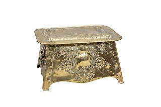 AN ARTS AND CRAFTS BRASS COAL BOX, the hinged rectangular l