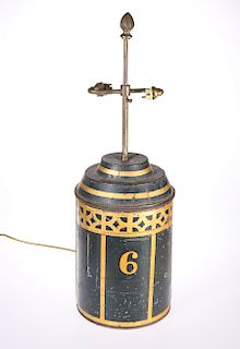 A 19th CENTURY TOLEWARE CANISTER, MOUNTED AS A TABLE LAMP, 