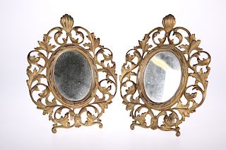 A PAIR OF 19TH CENTURY GILT-BRASS TABLE MIRRORS, each openw