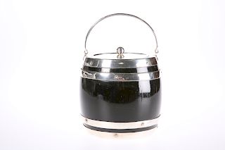 A SILVER-PLATED AND EBONISED ICE BUCKET, C.1900, coopered b
