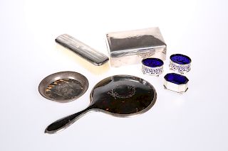A MIXED LOT OF SILVER, including cigarette box, salts, tort