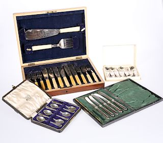 A GROUP OF CASED SILVER AND SILVER-PLATED FLATWARE, compris