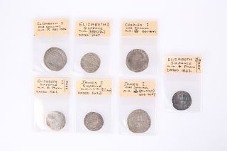 A MIXED LOT OF SEVEN COINS, comprising Elizabeth I One Shil