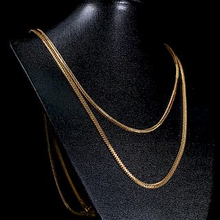 TWO YELLOW GOLD NECKLACE CHAINS, both snake link, one stamp
