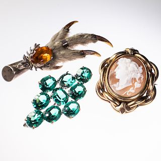 A GROUSE FOOT, CAMEO BROOCH AND GREEN PASTE BROOCH, one sto