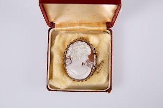 A 9ct GOLD MOUNTED SHELL CAMEO BROOCH, in 19th century styl