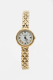 A LADY'S 9ct GOLD LONGINES BRACELET WATCH. Circular white d
