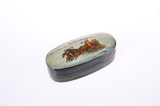 A RUSSIAN LACQUER BOX, oval, the cover painted with figures