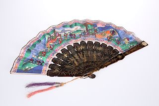 A PAINTED PAPER FAN IN THE CHINESE TASTE, the ebonised stic