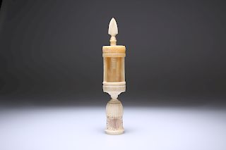 A VICTORIAN CARVED BONE SEWING CLAMP PIN CUSHION, the clamp