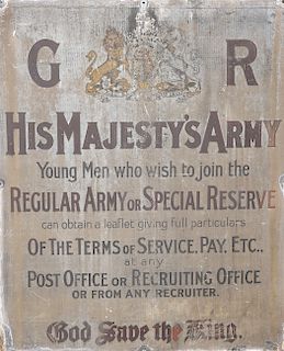 A GEORGE V ENAMELLED METAL RECRUITING SIGN, framed, (a/f). 