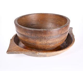 A LARGE TREEN BOWL, 19th CENTURY, circular, with incised li