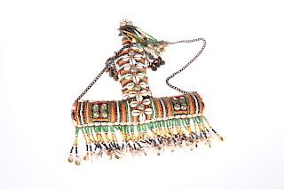 A TRIBAL COWRIE SHELL AND BEADED FLASK, T-shaped with plug 