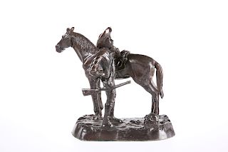 A BRONZE GROUP OF A TROOPER AND MARE, signed in the cast Fr