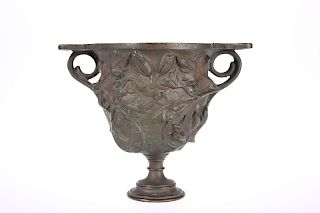 A 19th CENTURY PATINATED BRONZE TWIN-HANDLED CUP OR BOWL, c