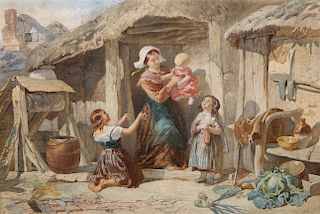 WALTER GOODALL (1830-1889), YOUNG FAMILY OUTSIDE A COTTAGE,
