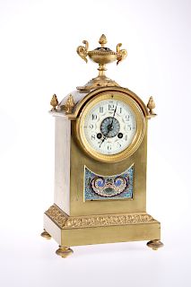 A FRENCH BRASS AND CHAMPLEVE ENAMEL MANTEL CLOCK, C.1900, t