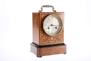A FRENCH INLAID ROSEWOOD MANTEL CLOCK, 19TH CENTURY, the ca