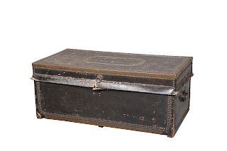 A 19TH CENTURY BRASS-BOUND LEATHER TRUNK, decorated with br