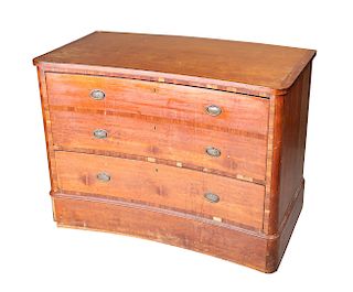 A 19TH CENTURY SATINWOOD CONCAVE CHEST OF DRAWERS, with con
