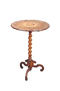 A VICTORIAN INLAID WALNUT TRIPOD TABLE, the faceted top inl