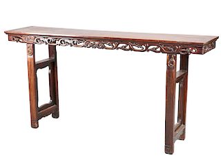 A CHINESE HARDWOOD ALTAR TABLE, with pierced and carved apr