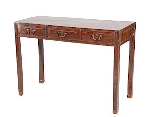 A CHINESE HARDWOOD TABLE, with three frieze drawers and squ