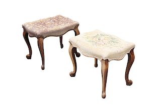 A PAIR OF 19TH CENTURY CABRIOLE LEG STOOLS, each with recta