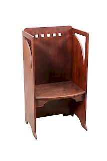 A MAHOGANY HALL SEAT IN THE GLASGOW STYLE, the back with fi
