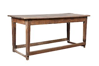 A PRIMITIVE OAK REFECTORY TABLE, the plank top raised on sq