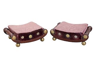 A RARE PAIR OF REGENCY CURVED FOOTSTOOLS, with ropetwist ha