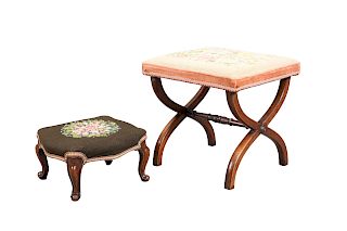 TWO 19TH CENTURY STOOLS, each with needlework seat, the lar