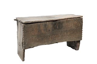 A PRIMITIVE OAK BOARDED SIX-PLANK CHEST, possibly 16th Cent