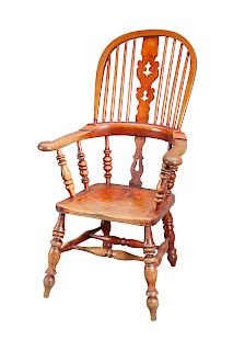 A MID 19TH CENTURY ASH AND ELM BROAD-ARM WINDSOR CHAIR, wit