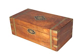 A 19TH CENTURY BRASS-BOUND WALNUT WRITING BOX, the hinged c