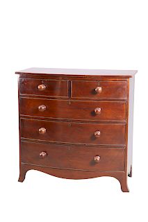 A VICTORIAN OAK BOW-FRONT CHEST OF DRAWERS, with two short 