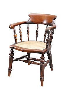 A VICTORIAN MAHOGANY SMOKERS BOW, with canework seat and su