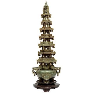 Monumental Chinese Serpentine Carved Pagoda Censer, Early 20th Century