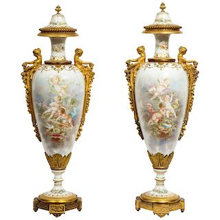 Monumental Pair of French Ormolu-Mounted White S_vres Porcelain Vases and Covers