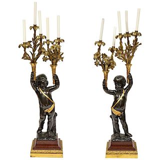 Monumental Pair of French Gilt and Patinated Bronze and Rouge Marble Candelabra