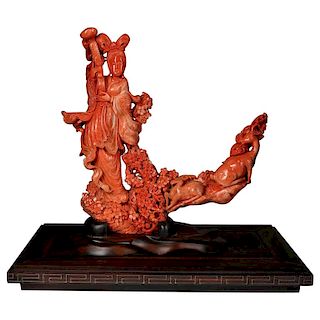 Exceptional Chinese Carved Coral Figure of a Guanyin with Deer