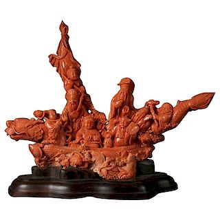 Exceptional Chinese Carved Coral Figural Group of a Boat with Eight Immortals