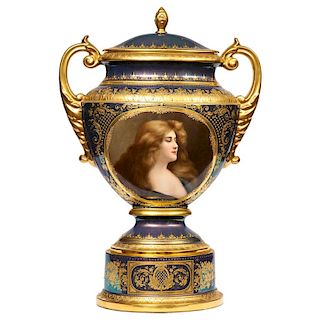 Monumental Royal Vienna Iridescent Porcelain Portrait Vase and Cover, circa 1880