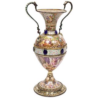 Extremely Large Austrian Silver and Viennese Enamel Twin Handled Vase, 1880