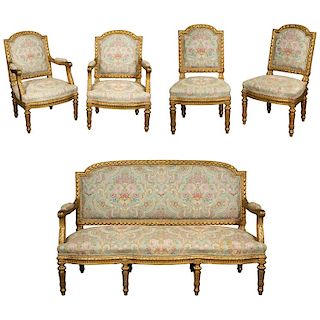 Exceptional French Louis XVI  Style Five-Piece Gilt-wood Salon Suite Set