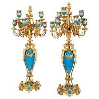 Exquisite Pair of French Ormolu and Turquoise Sevres Porcelain Candelabra