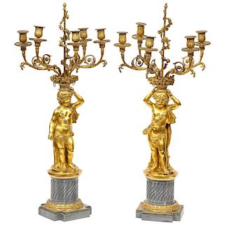 Pair of French Ormolu and Bleu Turquin Marble Candelabra, Monbro Freí_Áres