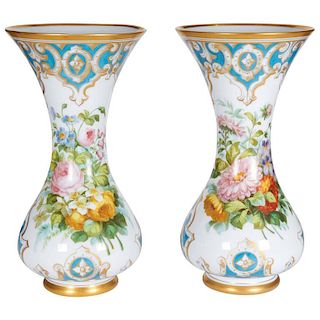 Beautiful Pair of French Opaline Hand-Painted Glass Vases attributed Baccarat