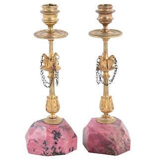 Pair of Russian Gilt Bronze & Rhodonite Candlesticks with Eagle